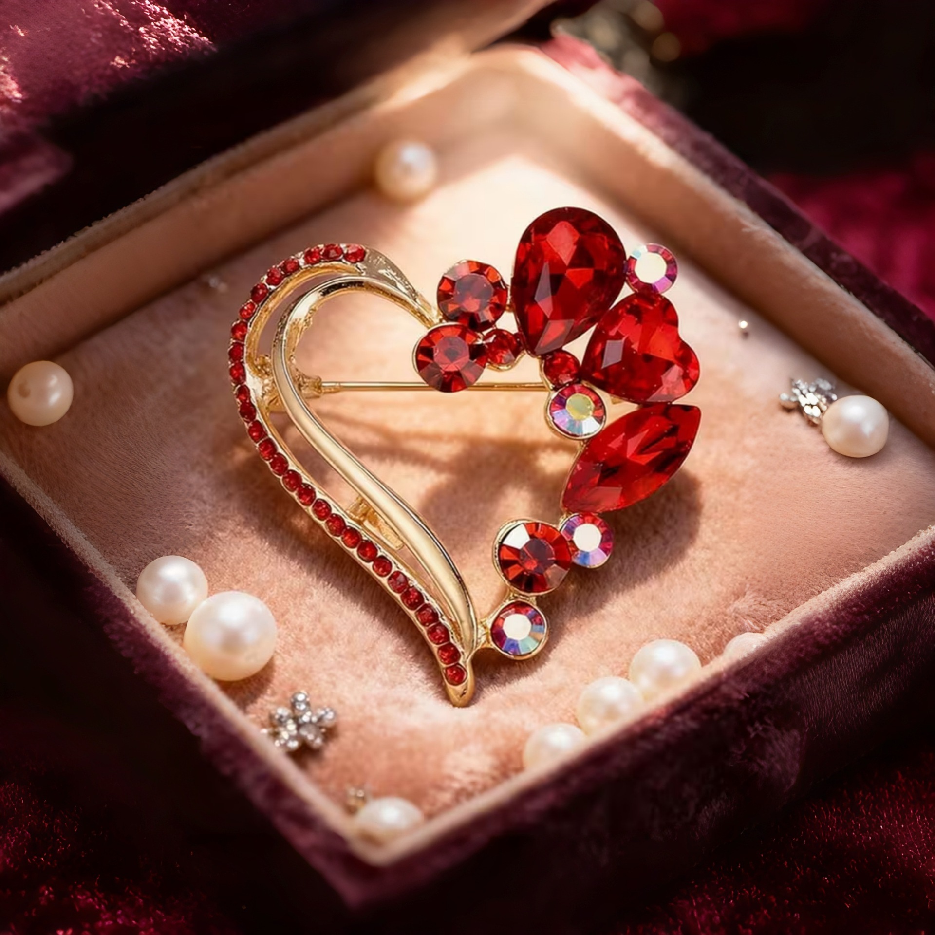 Women'S Formal Day Wear - Red Crystal Open Heart Brooch Gold