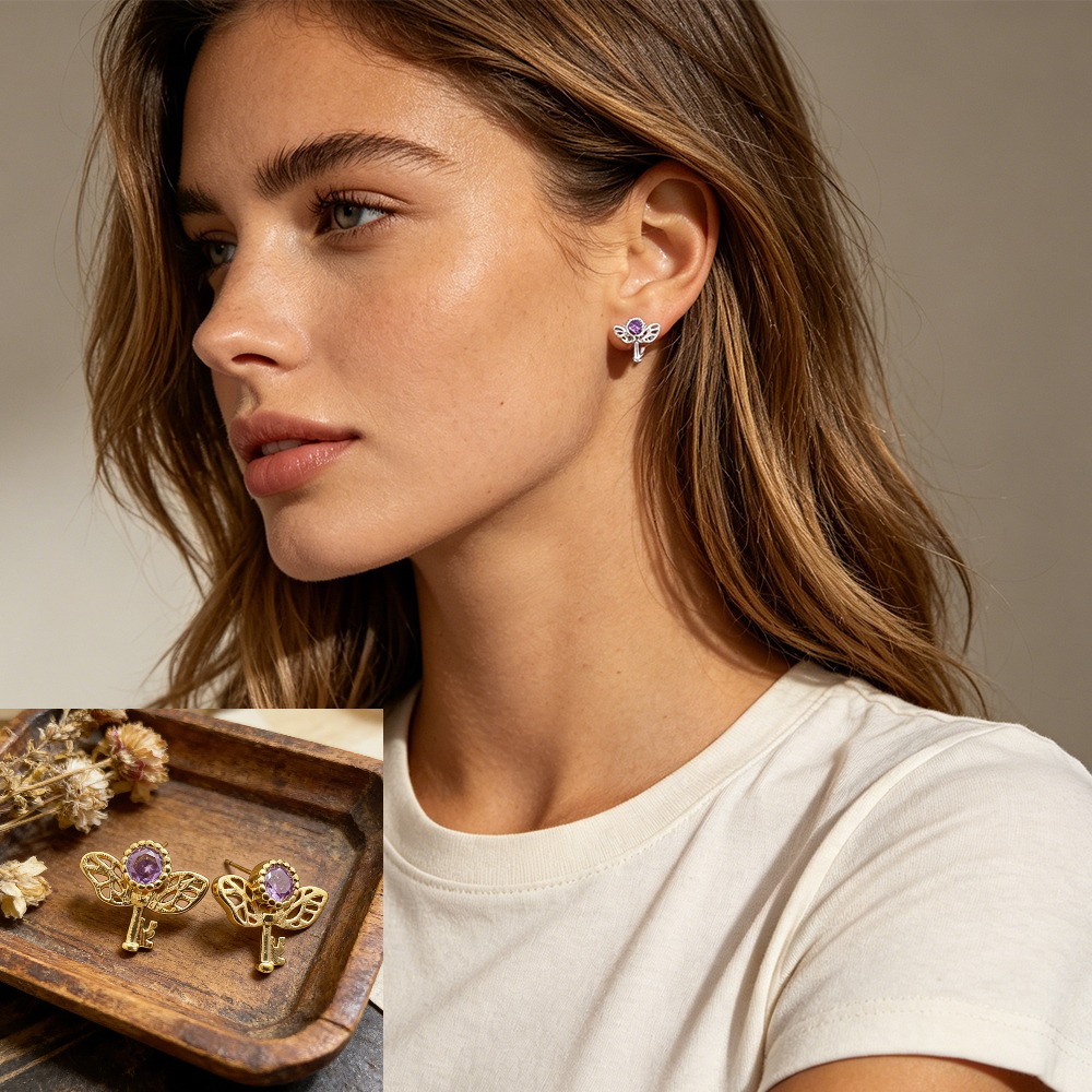 Women'S Formal Day Wear - Retro Key Amethyst Stud Earrings Women