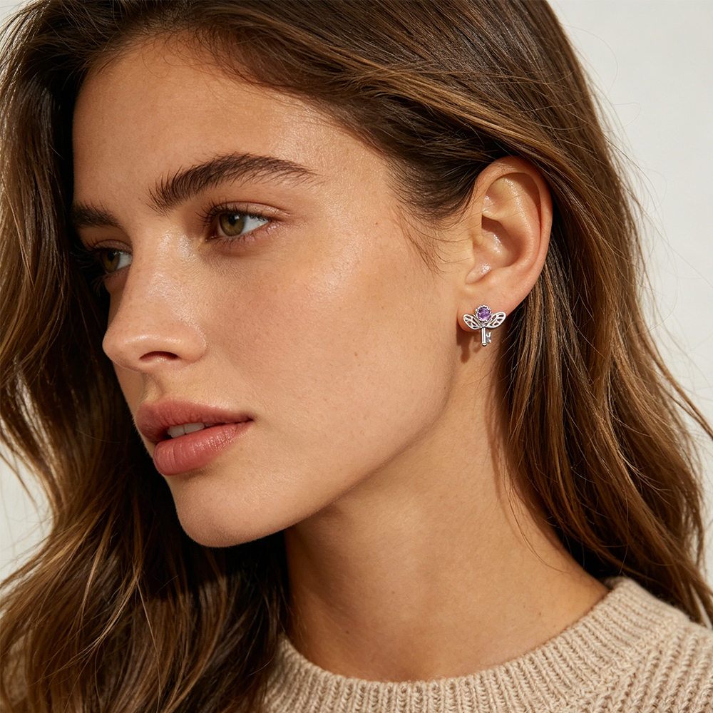 Retro Key Amethyst Stud Earrin - Women'S Formal Day Wear บทวิจารณ์และราคา