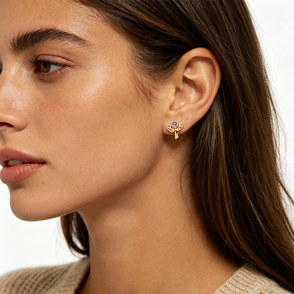 Retro Key Amethyst Stud Earrin - Women'S Formal Day Wear บทวิจารณ์และราคา